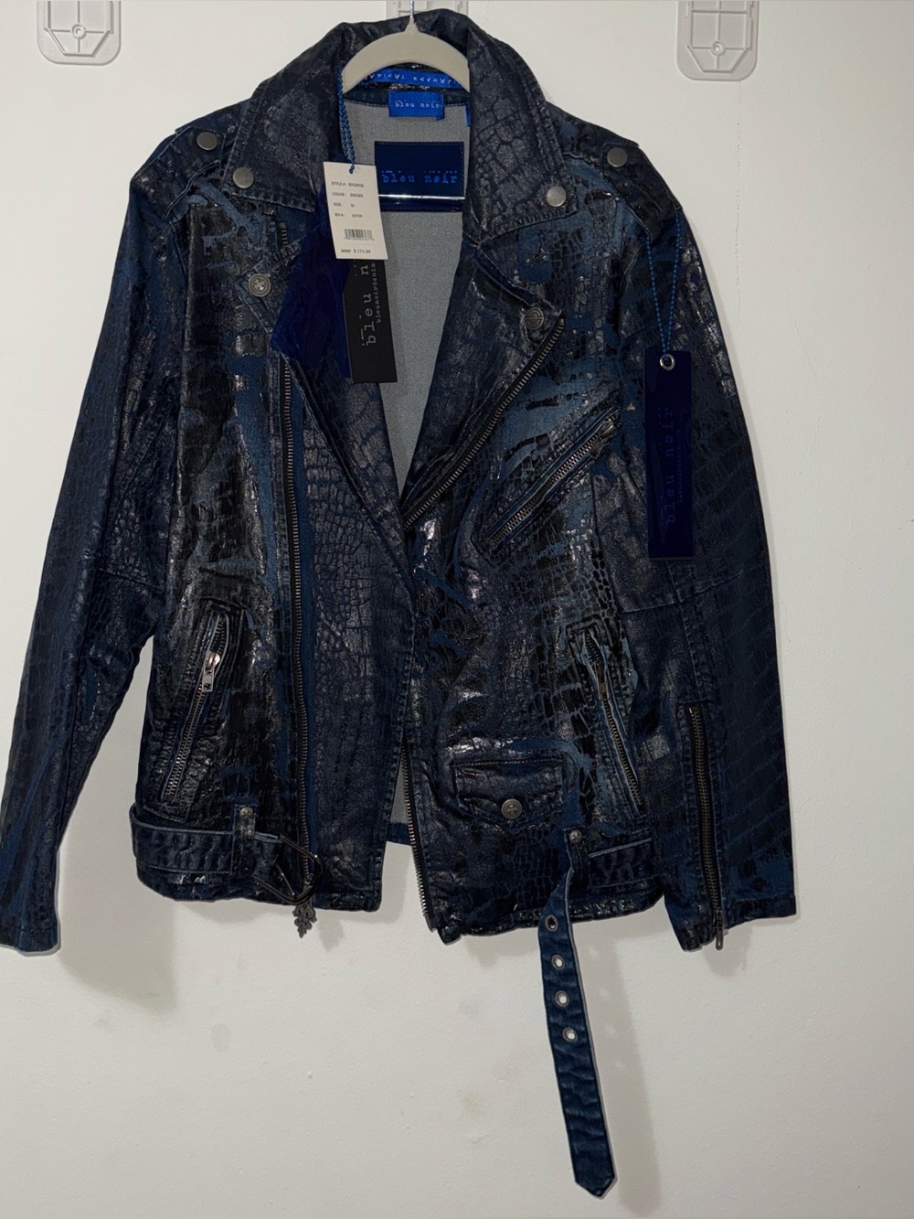 Glossy Navy Croc-Embossed Leather Moto Jacket by John Varvatos